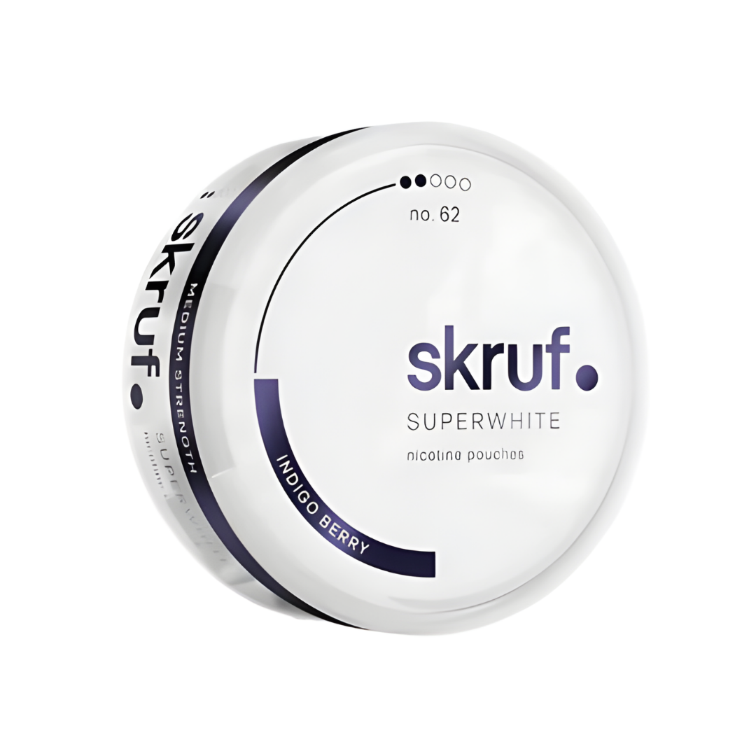 Detail close-up of the round white and purple Skruf Superwhite No. 62 Indigo Berry can featuring the brand logo.