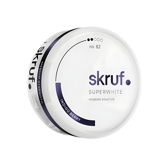 Detail close-up of the round white and purple Skruf Superwhite No. 62 Indigo Berry can featuring the brand logo.