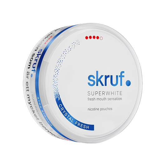 Detail close-up of the round white and blue Skruf Superwhite Crystal Fresh Xtra Strong can featuring brand logo and screw top