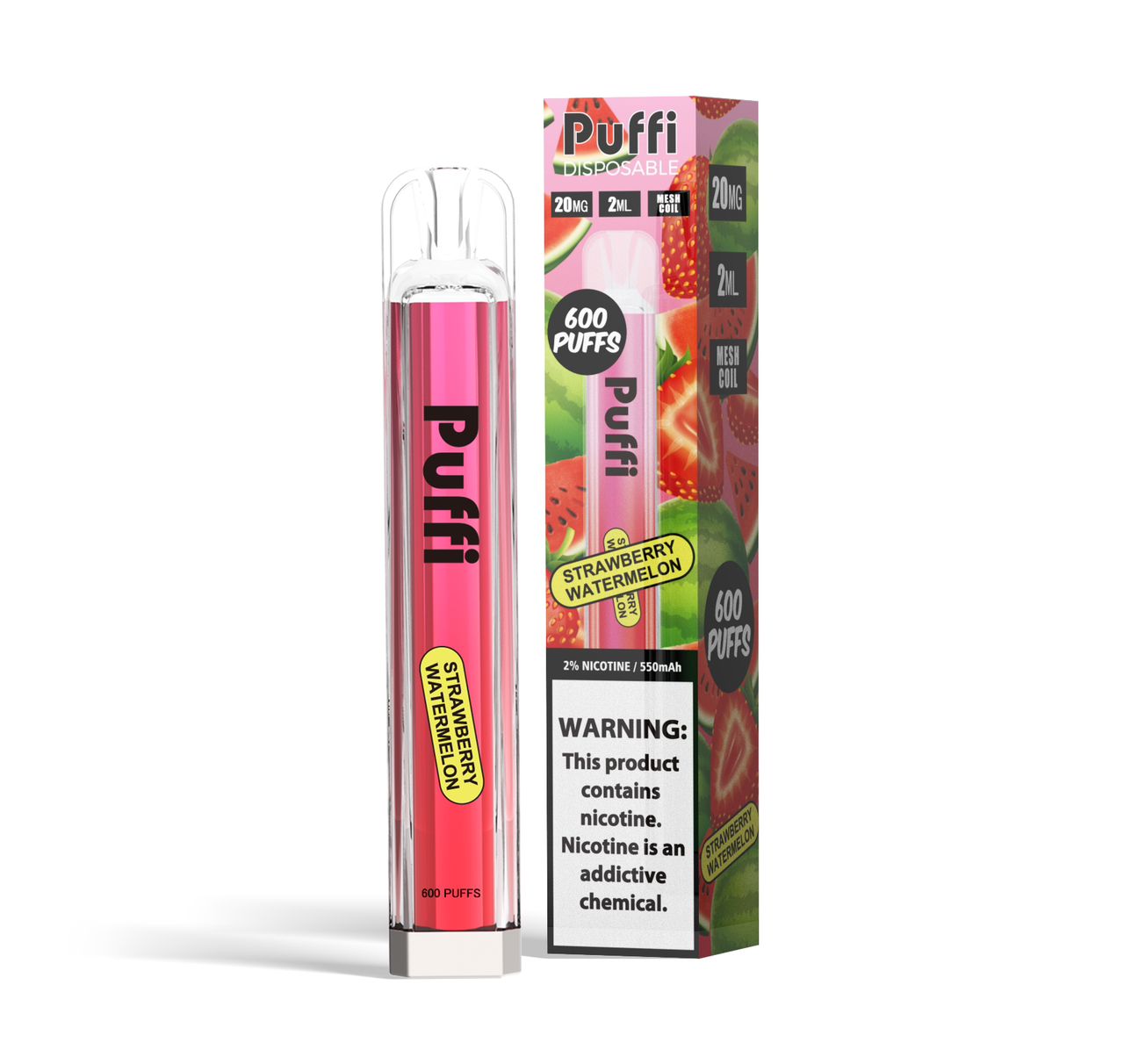 Packaging of Puffi Strawberry & Watermelon vape showcasing colorful pink and green design with flavor description.