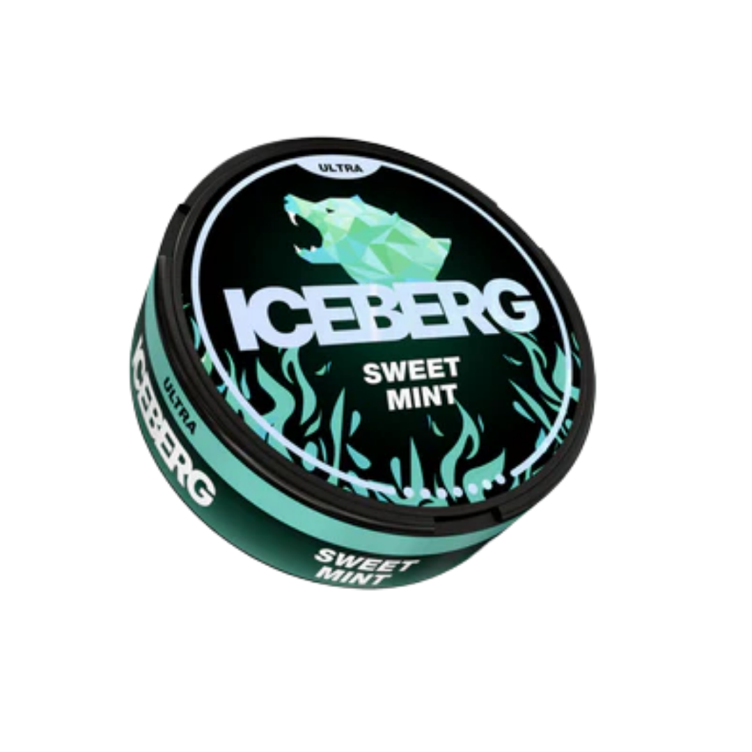 Detail close-up of a circular black and green snus can featuring graphic design and flavor indication