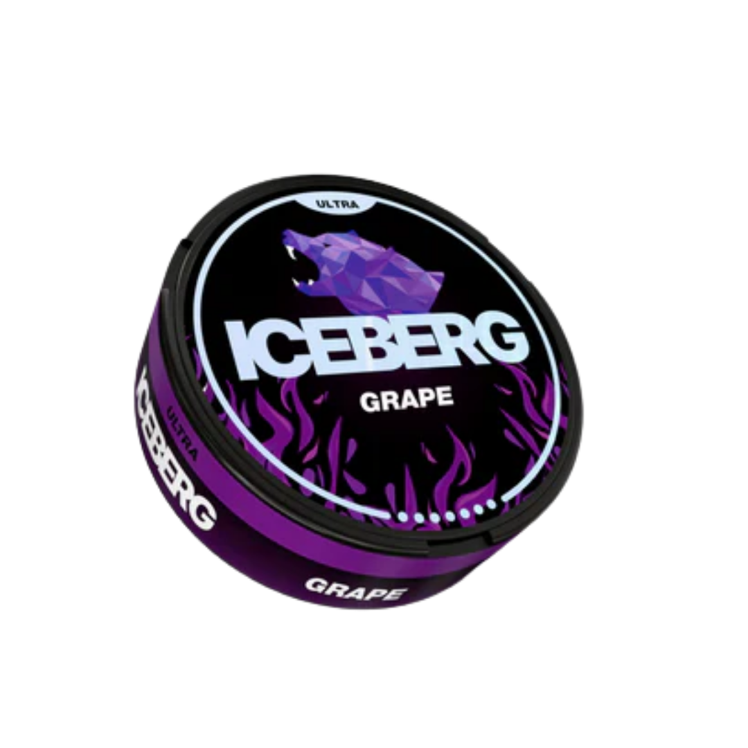 Front view of a round tin of Iceberg Grape 70mg nicotine pouches, featuring purple and black colors with grape flavor grap…
