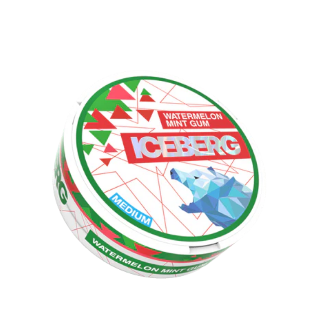 Front view of the Iceberg Watermelon Mint Gum container featuring a circular design in white, red, and green.