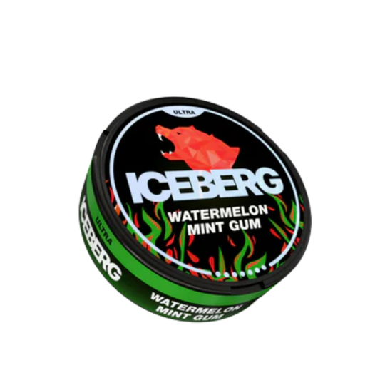 Front view of the Iceberg Watermelon Mint Gum packaging featuring vibrant watermelon and mint graphics.