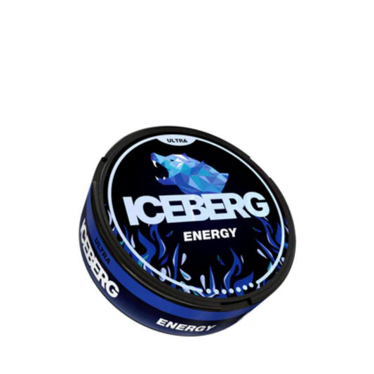 Detail close-up of the Iceberg Energy 70mg can featuring blue, black, and white graphic design.