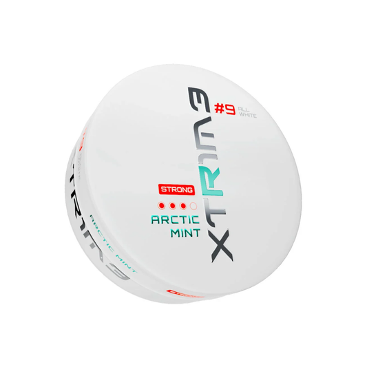 Detail close-up of Extreme Arctic Mint Snus packaging featuring a turquoise label on a smooth white background.
