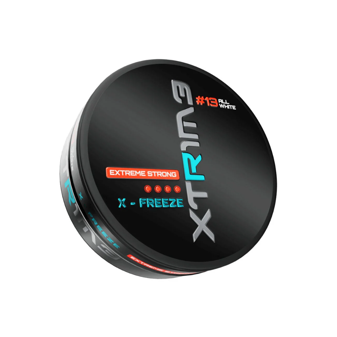 Detail close-up of Xtrime X-Iceberry snus packaging with a round container featuring black, blue, and orange branding.
