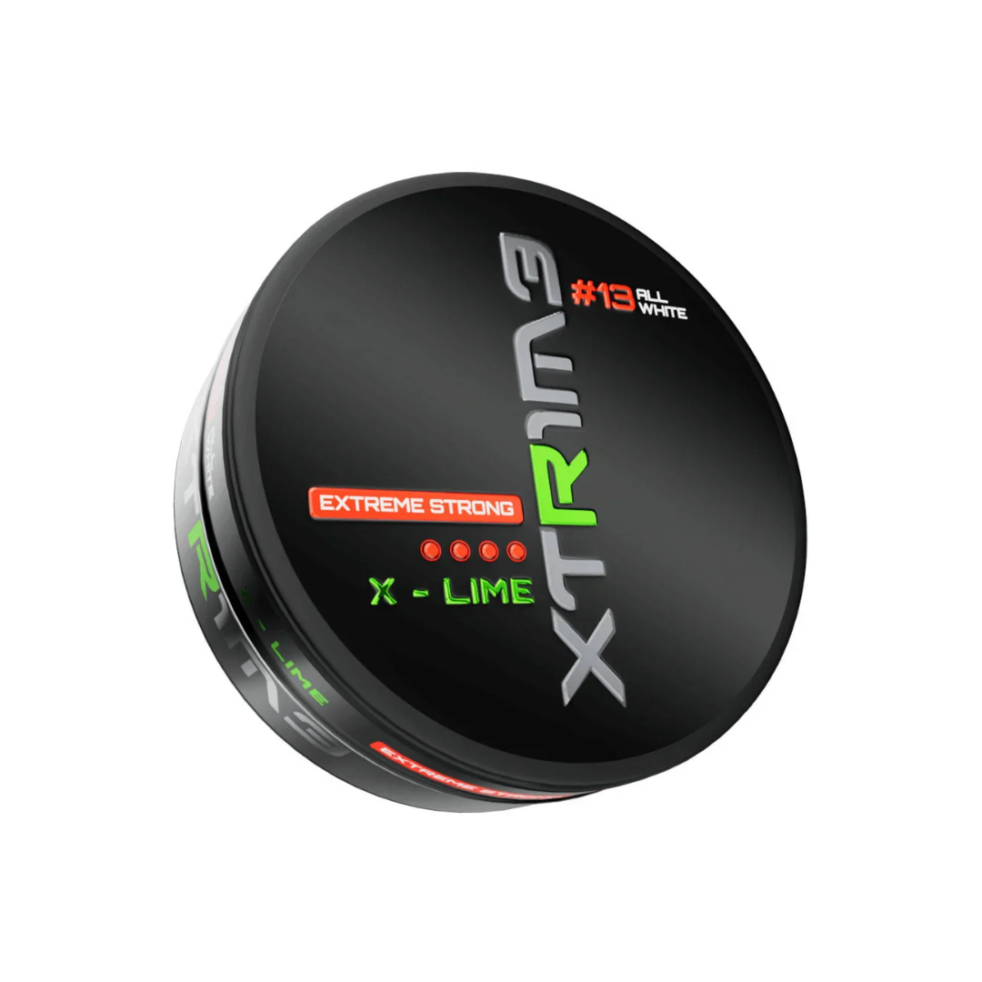 Front view of the round container with matte finish, featuring green and orange branding for Xtrime X-Lime snus.
