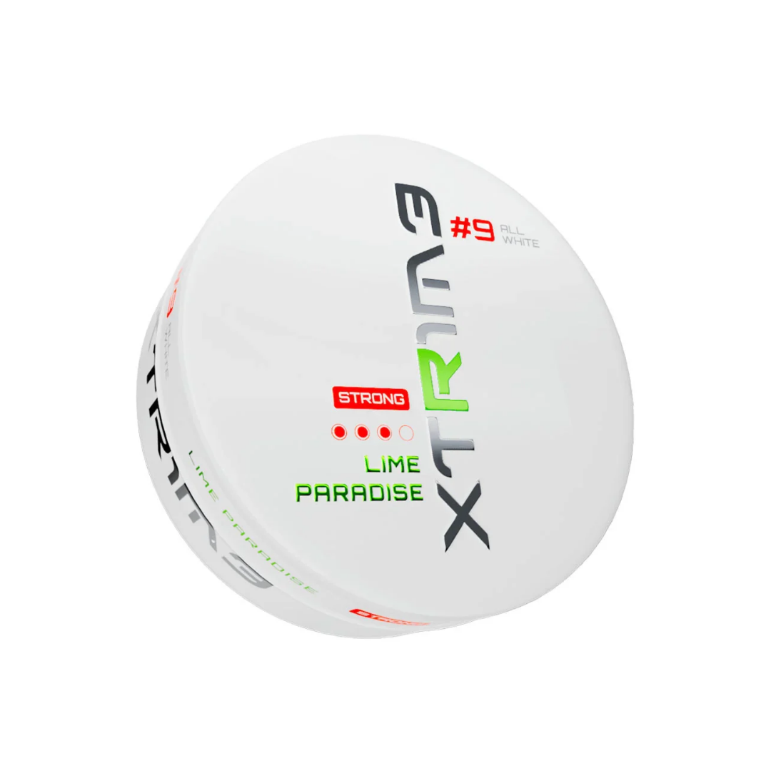 Detail close-up of the round container of Extreme Lime Paradise Snus featuring green and red colors.
