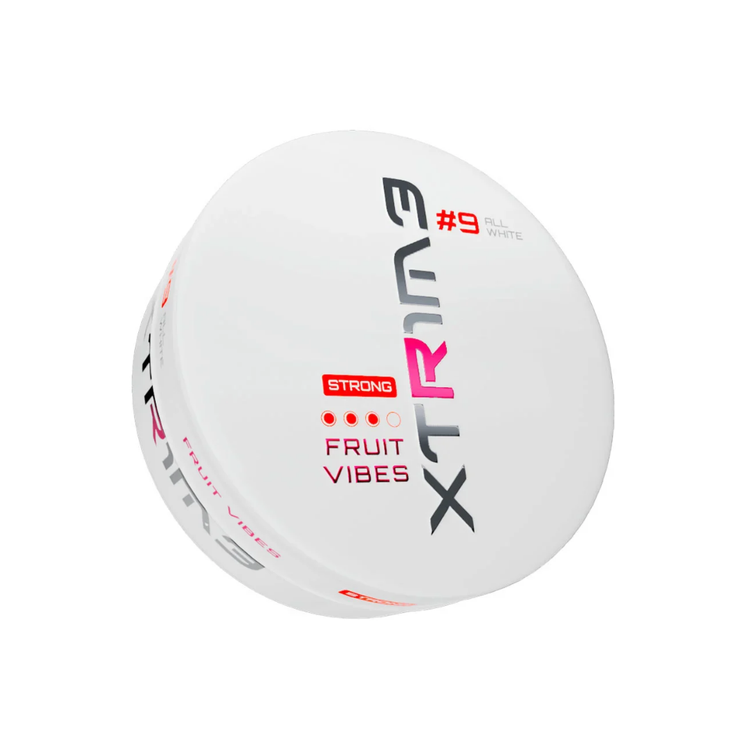 Detail close-up of the round container of Extreme Fruit Vibes Snus in pink and white.