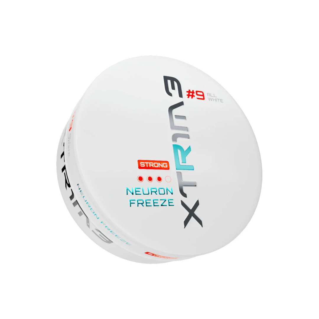 Detail close-up of the Extreme Neuron Freeze snus can, showcasing its round container with blue and white branding.