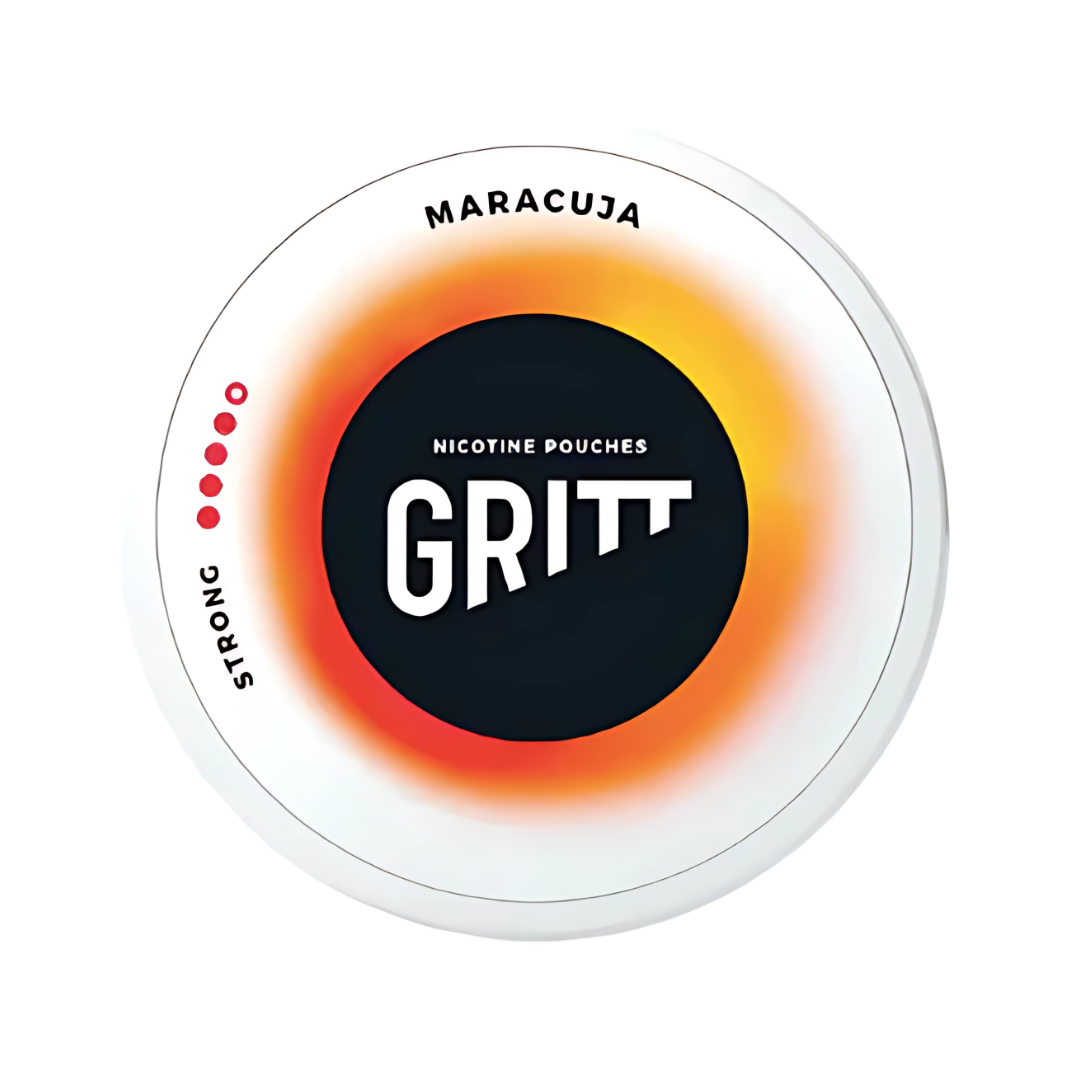 Detail close-up of Gritt Marajuca nicotine pouch packaging featuring a circular container with a gradient design in black,…