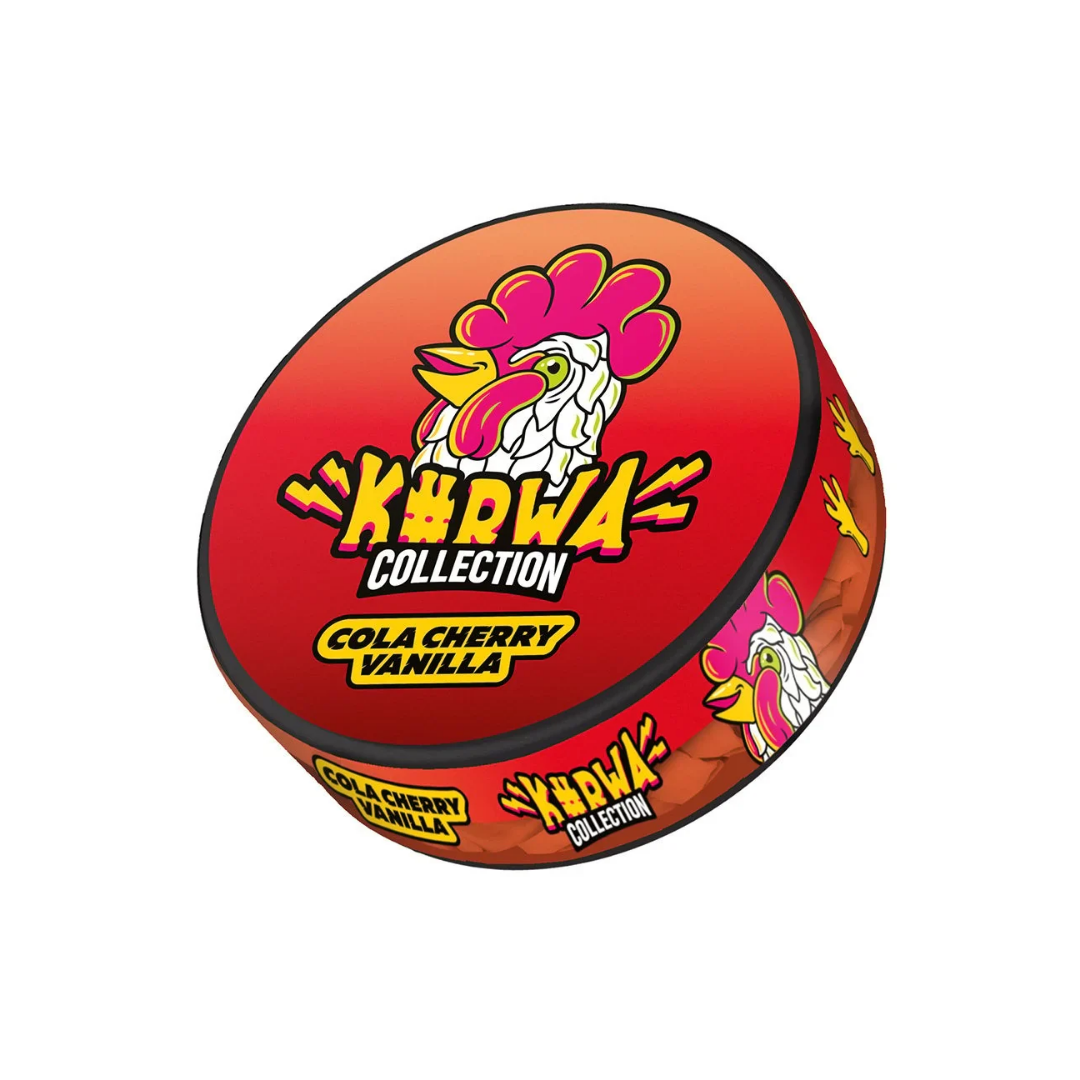 Front view of Kurwa Fresh Cola Vanilla Cherry nicotine pouch can featuring red, yellow, and white colors with rooster grap…