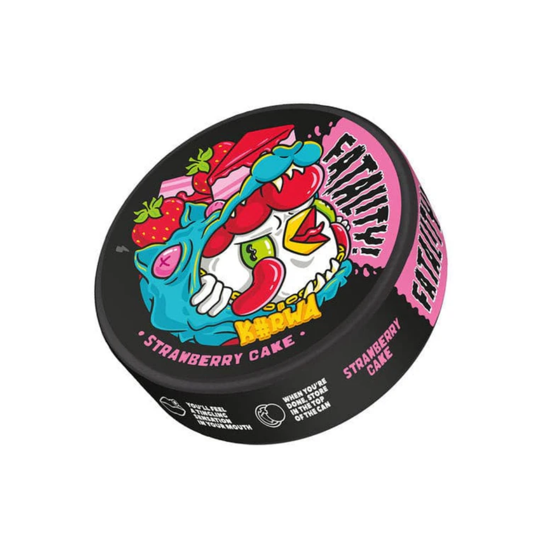 Front view of a colorful round container of Kurwa Fatality Strawberry Cake snus featuring black, pink, blue, and red graph…