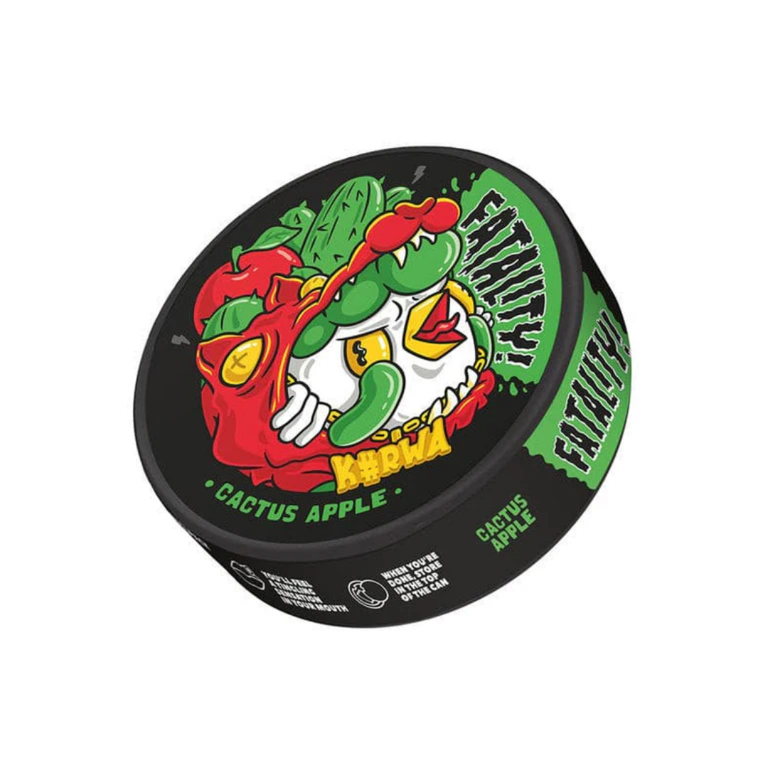 Detail close-up of the round black and green candy container featuring graphic design and a screw top