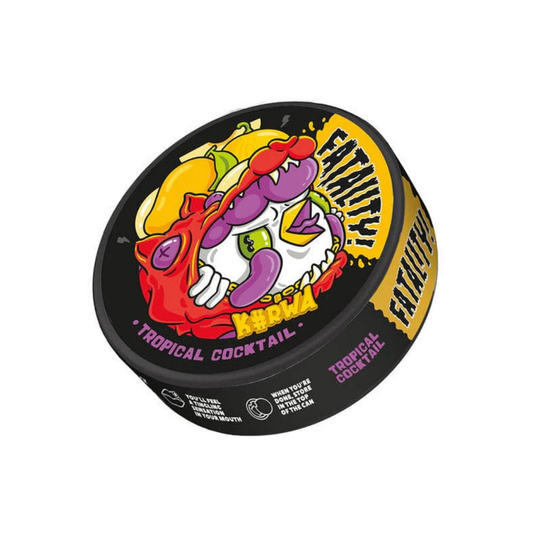 Detail close-up of the colorful round container featuring a tropical cocktail design in black, purple, yellow, and red.