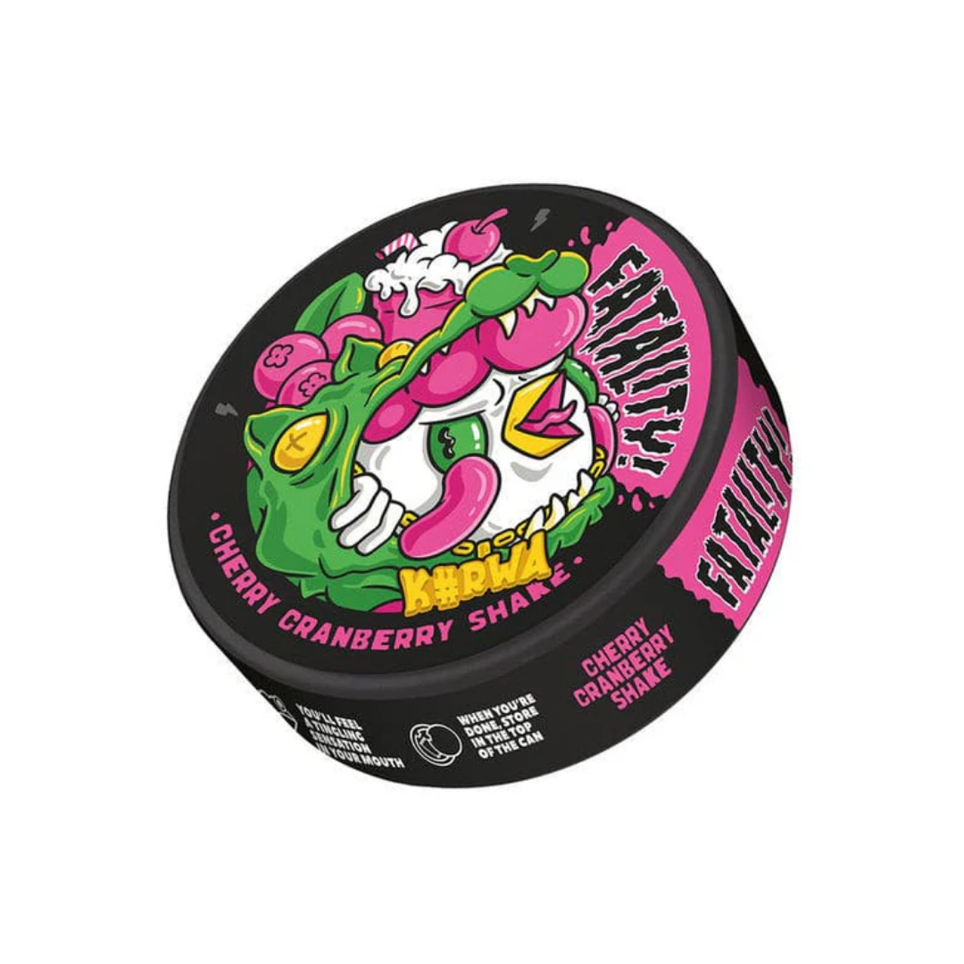Detail close-up of Kurwa Fatality Cherry Cranberry Shake pouches in a round container with illustrated lid, featuring pink…