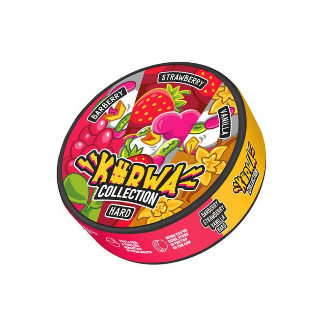 Front view of a colorful round candy container featuring a strawberry flavor design in red, yellow, and green.
