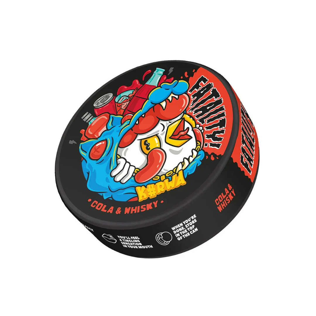 Packaging of Kurwa Fatality Cola & Whisky nicotine pouches featuring a lobster-themed can in black, red, blue, and white.