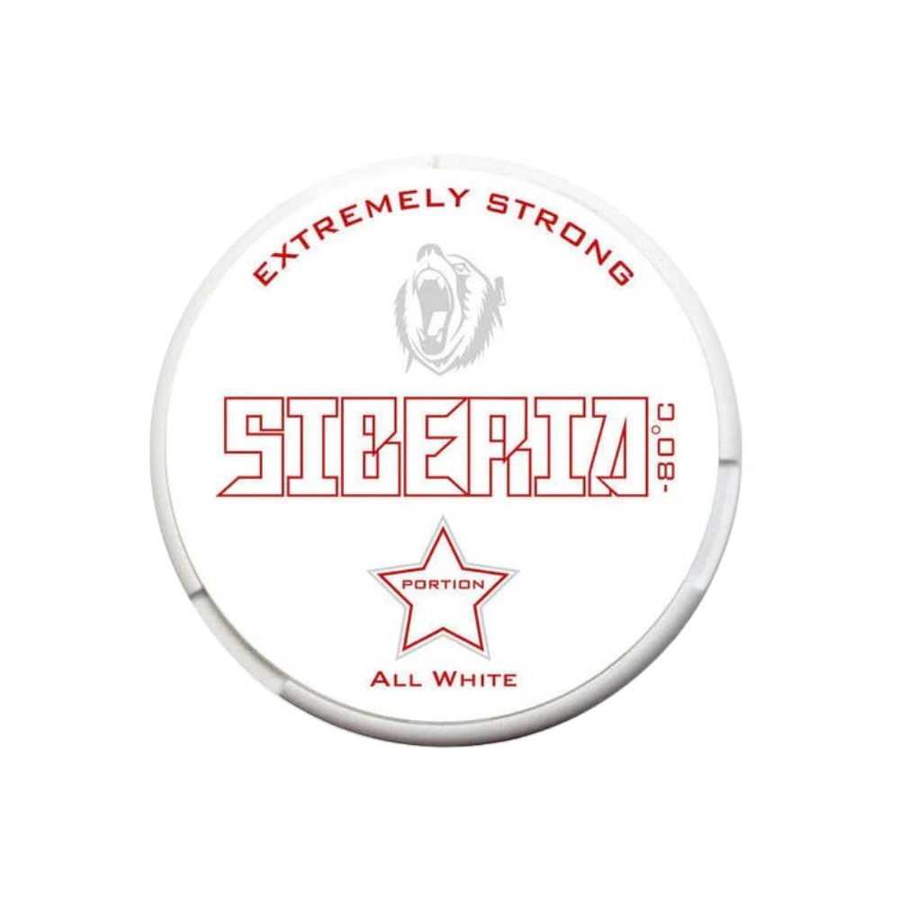 Detail close-up of a white button badge featuring text print and a star graphic, highlighting the Siberia brand.