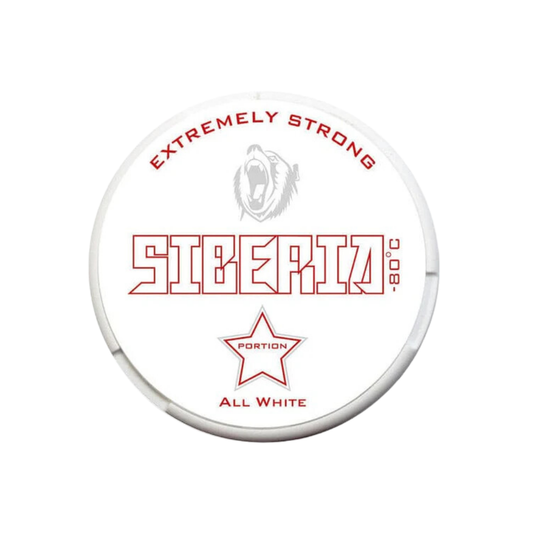 Detail close-up of a white button badge featuring text print and a star graphic, highlighting the Siberia brand.
