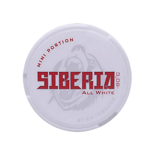 Detail close-up of the Siberia All White Mini circular container showcasing red branding on a white background.