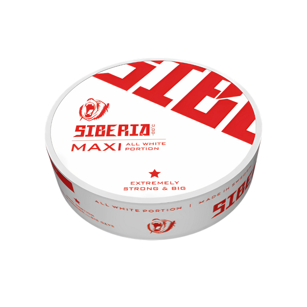 Detail close-up of the Siberia All White Maxi nicotine pouch in a circular container with a bold logo, featuring a white a…