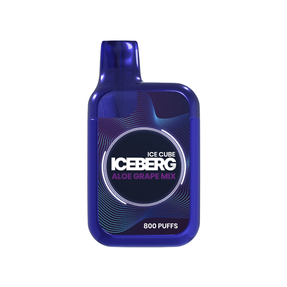 Front view of a blue vape bottle with a screw cap and label design on a transparent background