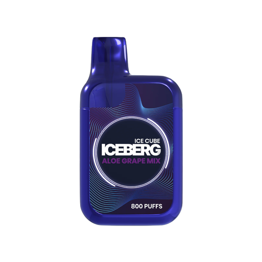 Front view of a blue vape bottle with a screw cap and label design on a transparent background