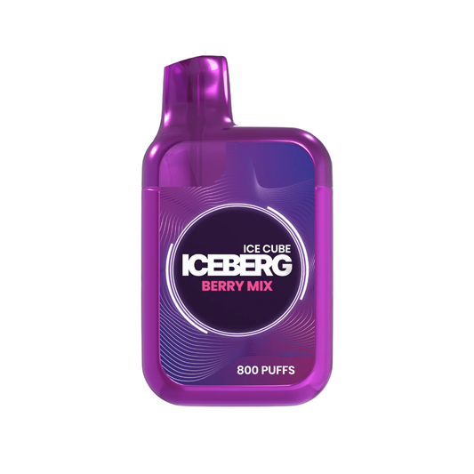Front view of a purple vape bottle with unique shape and label design on a transparent background