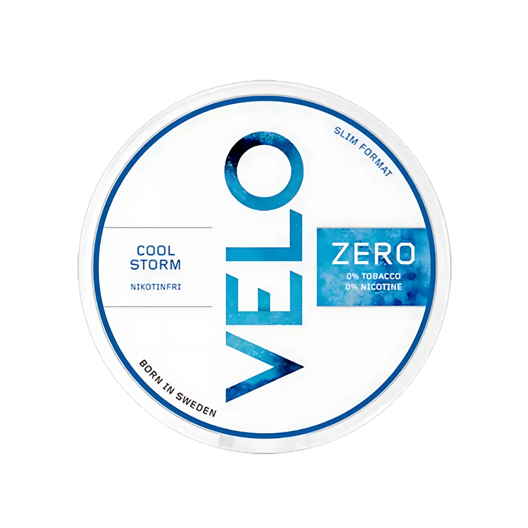 Detail close-up of a blue and white circular snus can featuring the Velo logo and zero nicotine