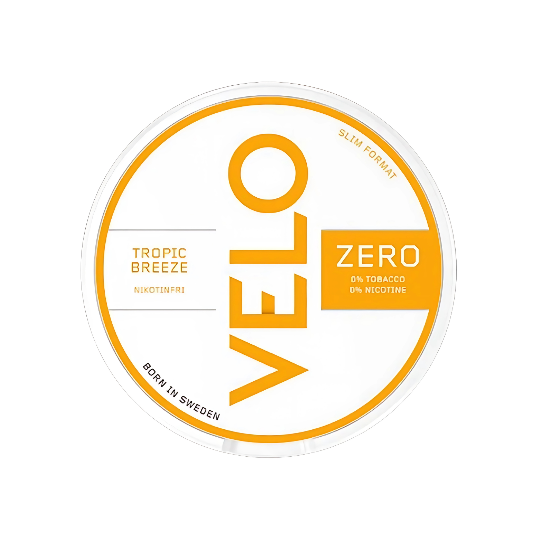 Detail close-up of the VELO Zero Tropic Breeze snus can showcasing its circular shape, yellow and white colors, and brand…