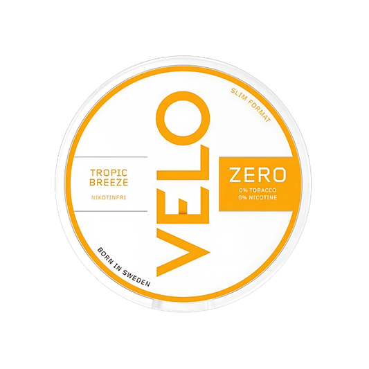 Detail close-up of the VELO Zero Tropic Breeze snus can showcasing its circular shape, yellow and white colors, and brand…