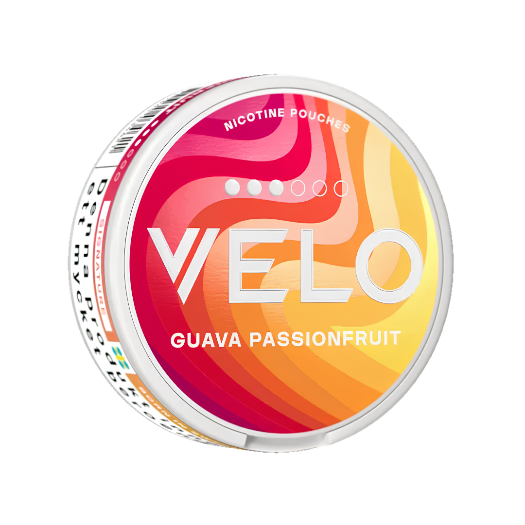 Detail close-up of the Velo Guava Passionfruit Slim can showcasing a pink and orange swirl design.