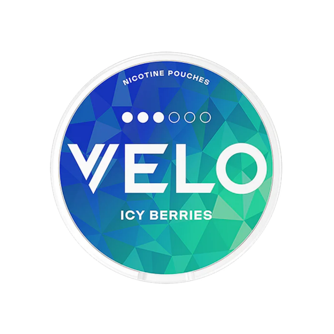Front view of a circular label design featuring blue, green, and white colors with geometric patterns and flavor indication.