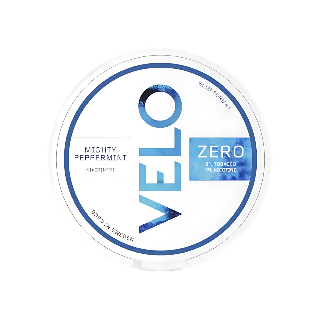 Detail close-up of the Velo Zero Mighty Peppermint snus can featuring a circular design in white and blue colors.