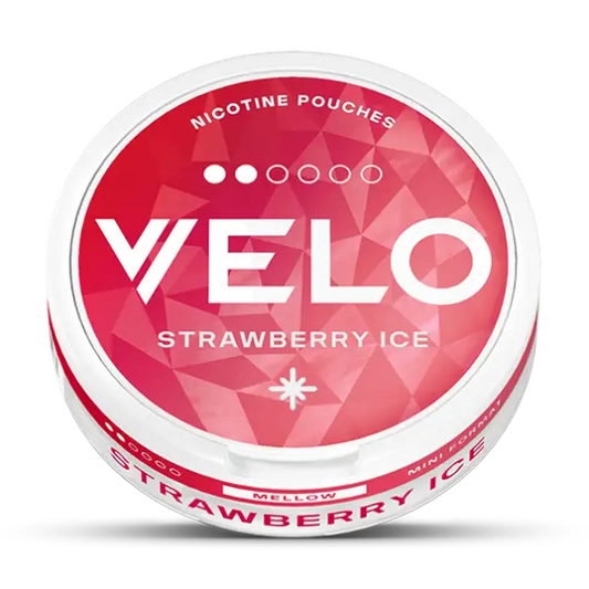 Front view of the Velo Strawberry Ice Mini can featuring a red and white geometric design with flavor indication.
