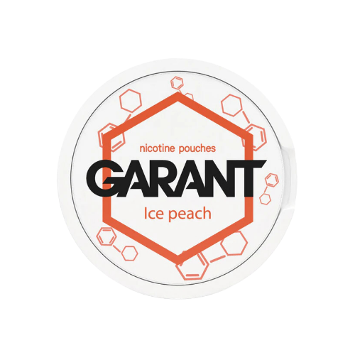 Hexagonal-shaped Garant Ice Peach packaging in orange and black with a bubbles design on a transparent background.