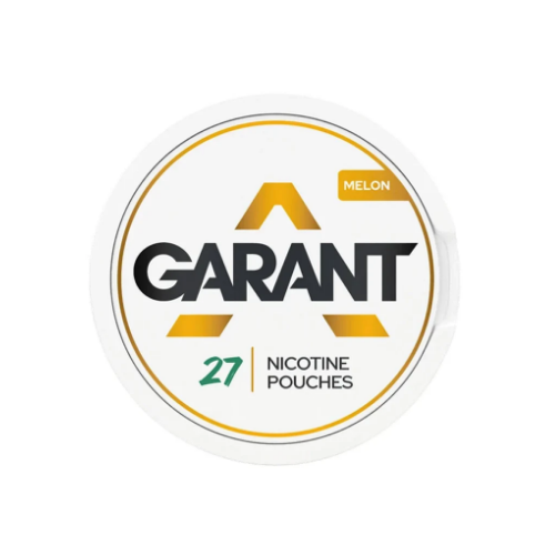 Detail close-up of Garant product label featuring circular shape in white, yellow, and black colors.