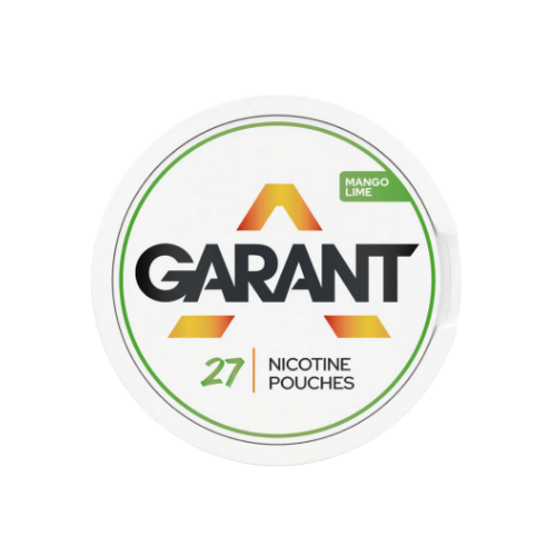Detail close-up of Garant Mango Lime product label showcasing vibrant colors and circular design.