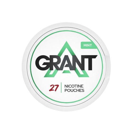Detail close-up of Grant Mint Slim Extra Strong container with a green label on a white background.