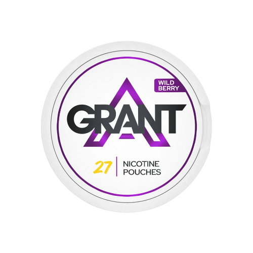 Detail close-up of the Grant Wild Berry Slim nicotine pouch can with purple accents and logo.