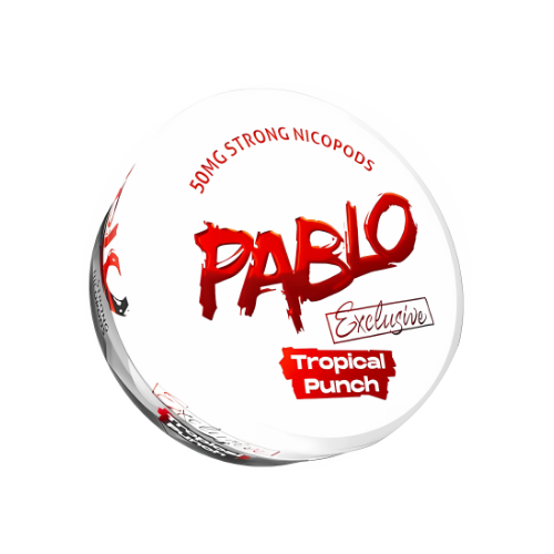 Detail close-up of the round container of Pablo Exclusive Tropical Punch featuring bold red text on a transparent background.