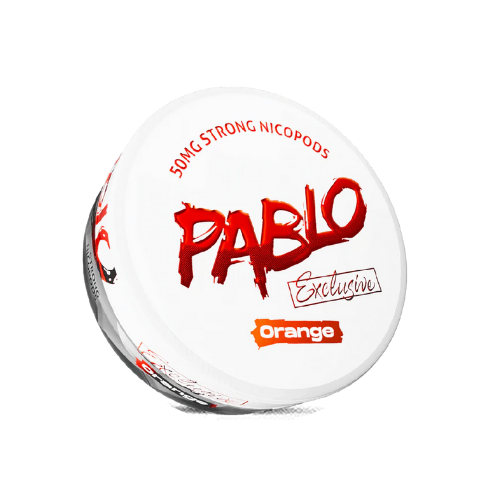 Round container of Pablo Exclusive Orange nicotine pouch with a red label and screw top on a transparent background