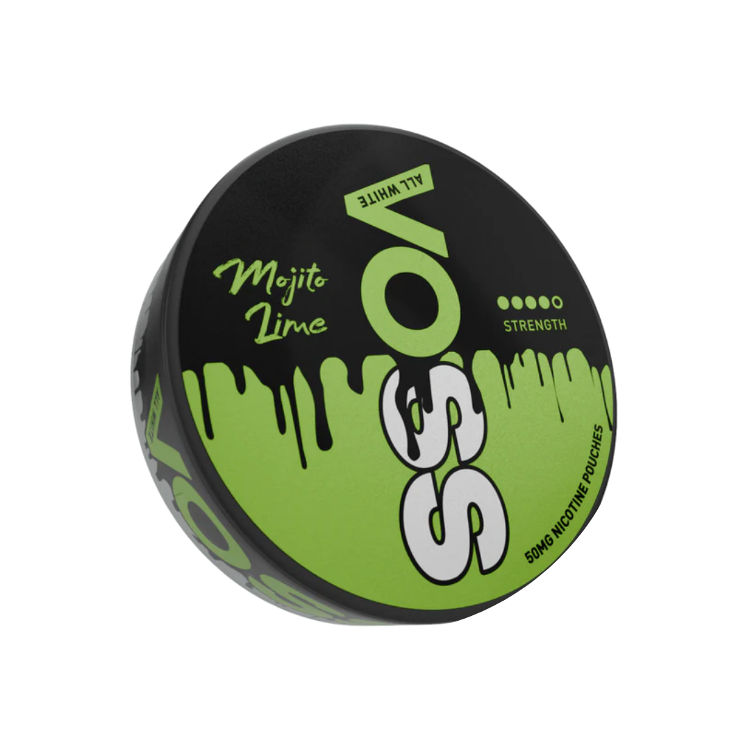Detail close-up of the Voss can featuring a dripping design and logo text in black and green on a transparent background.