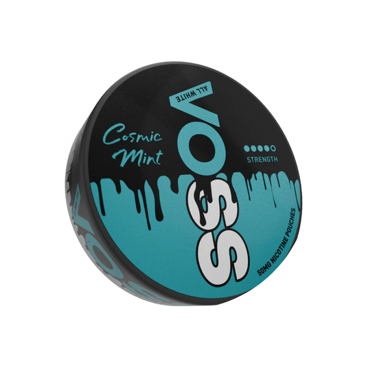 Detail close-up of the Voss container in black and teal featuring a dripping design and logo text.