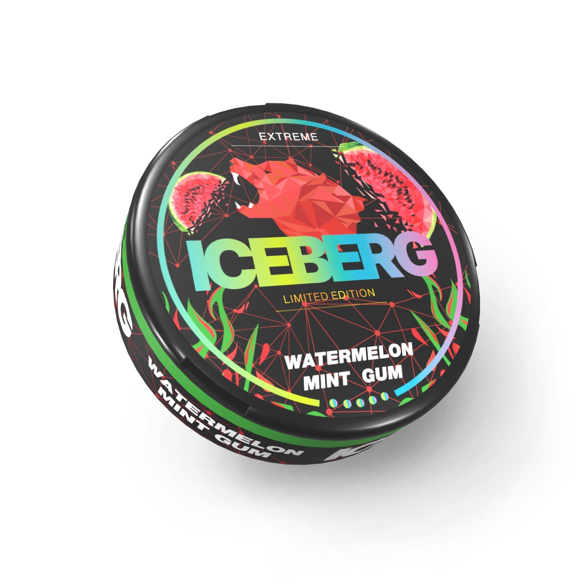 Packaging of Iceberg Watermelon Mint Gum in a colorful circular tin featuring the brand logo.