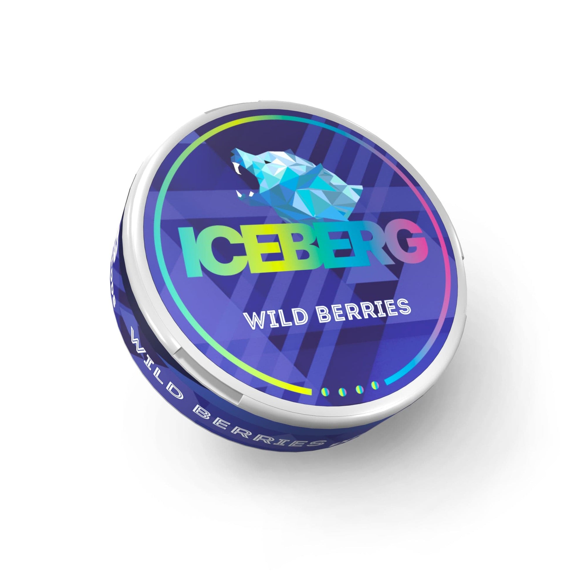Detail close-up of a circular tin with a blue and purple metallic finish featuring the logo design.