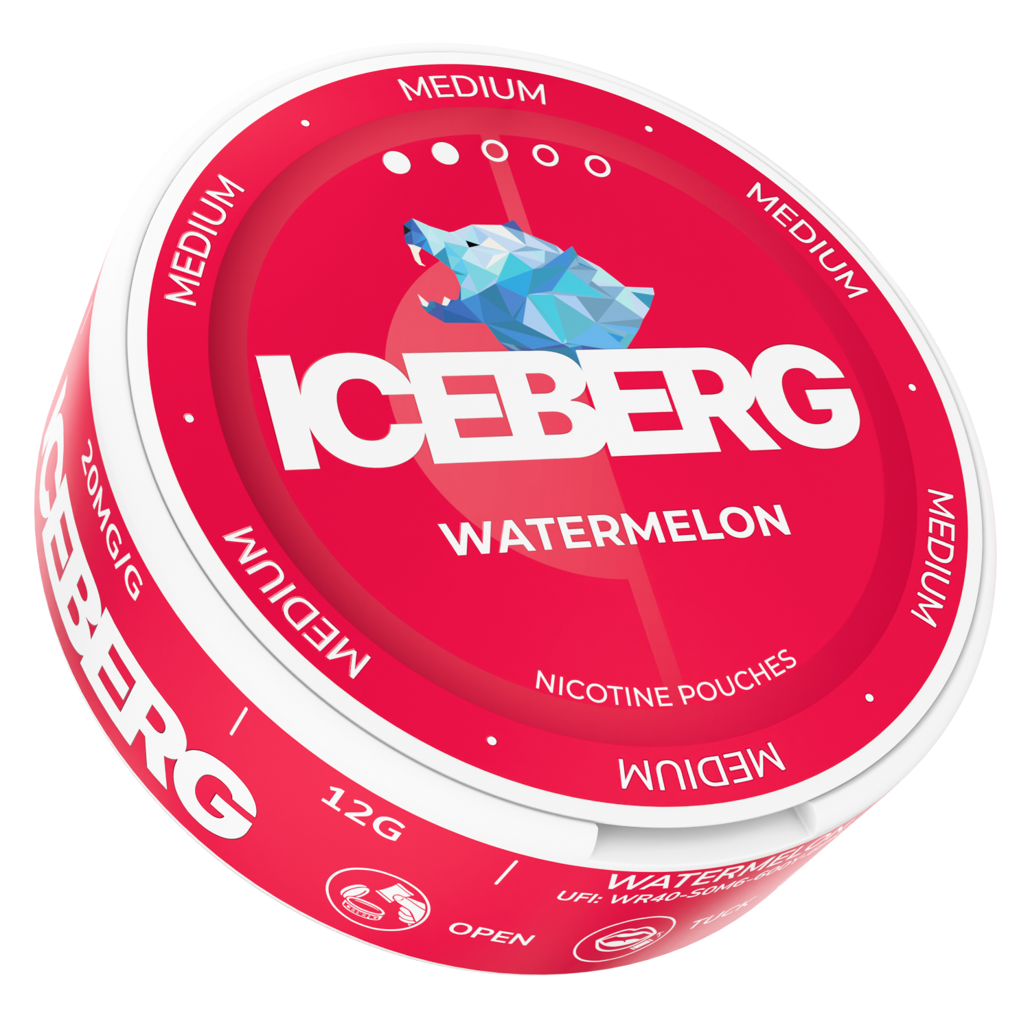 Front view of the watermelon flavored snus container with bold text and a red-white watermelon graphic.