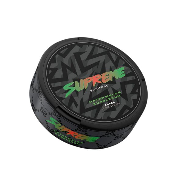 Detail close-up of a black circular container with a textured lid and colorful logo, featuring watermelon and bubblegum fl…